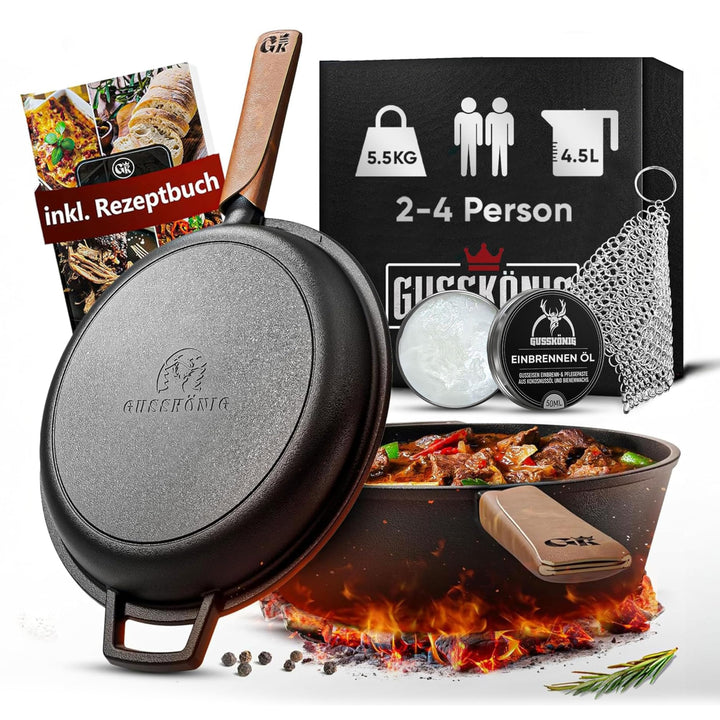 Dutch Oven - 2in1 Eingebrannter Gusseisen Topf 3L & Gusspfanne 1,5L-Cast Iron Pot mit Schmortopf Dop