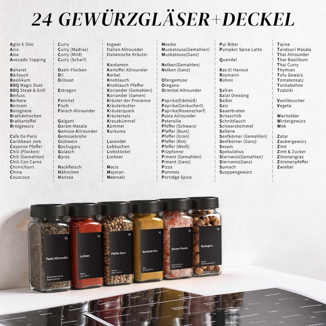 24er Set Gewürzgläser mit Streueinsatz - 120ml Eckig Gewürzdosen Glas mit Deckel Schwarz - Inkl. 342