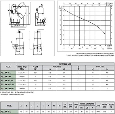 DAB FEKA 600 M-A SV 103002774 Tauchpumpe mit Schwimmer, Abwasserentwässerung, 0,55 kW/0,75 HP, einph