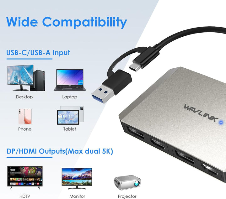 WAVLINK DisplayLink USB 3.0 or USB C to DisplayPort HDMI Adapter, Dual 5K/4K@60Hz 4IN1 Monitor Hub f