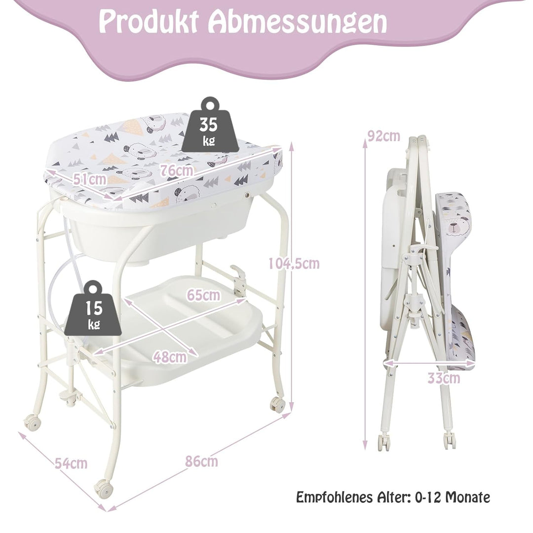 DREAMADE 2 in 1 Wickeltisch & Badewanne mit Gestell, Wickeltisch Klappbar, Wickelkommode auf Rollen