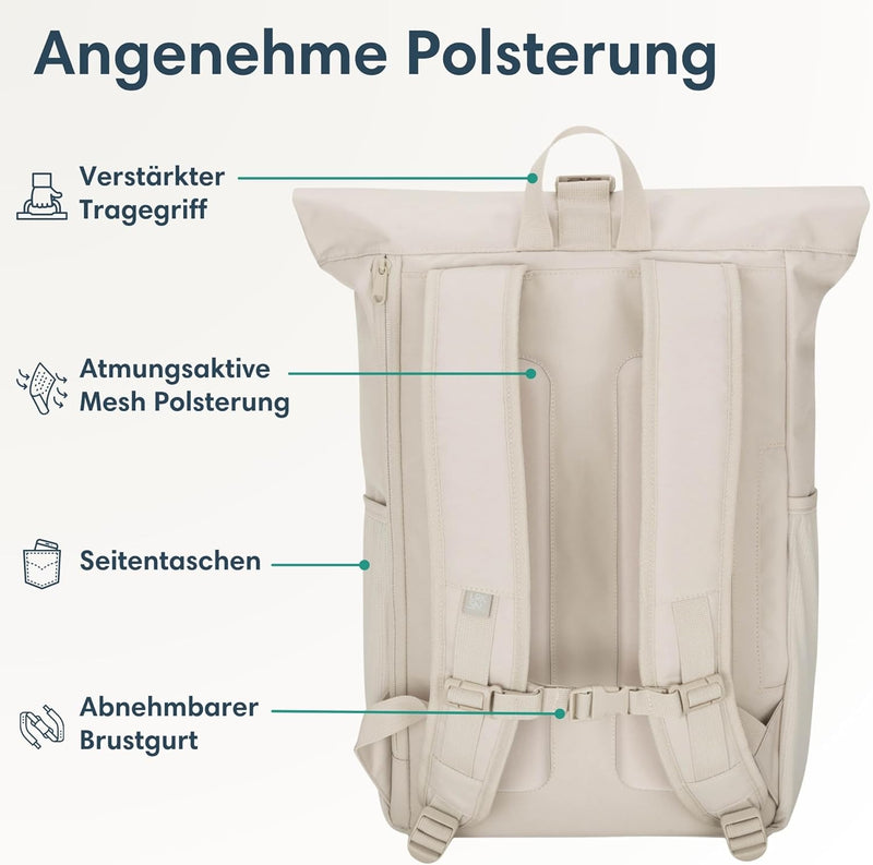 LARKSON Rolltop Rucksack Damen Gross Beige - No 2 - Daypack für Schule, Uni, Fahrrad - 16 Zoll Lapto