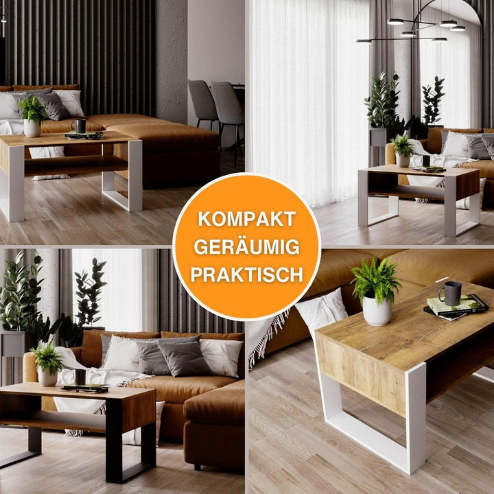 CraftPAK Wohnzimmer Tisch für Couch aus hochwertigem Holz, moderner Couchtisch mit zusätzlicher Abla