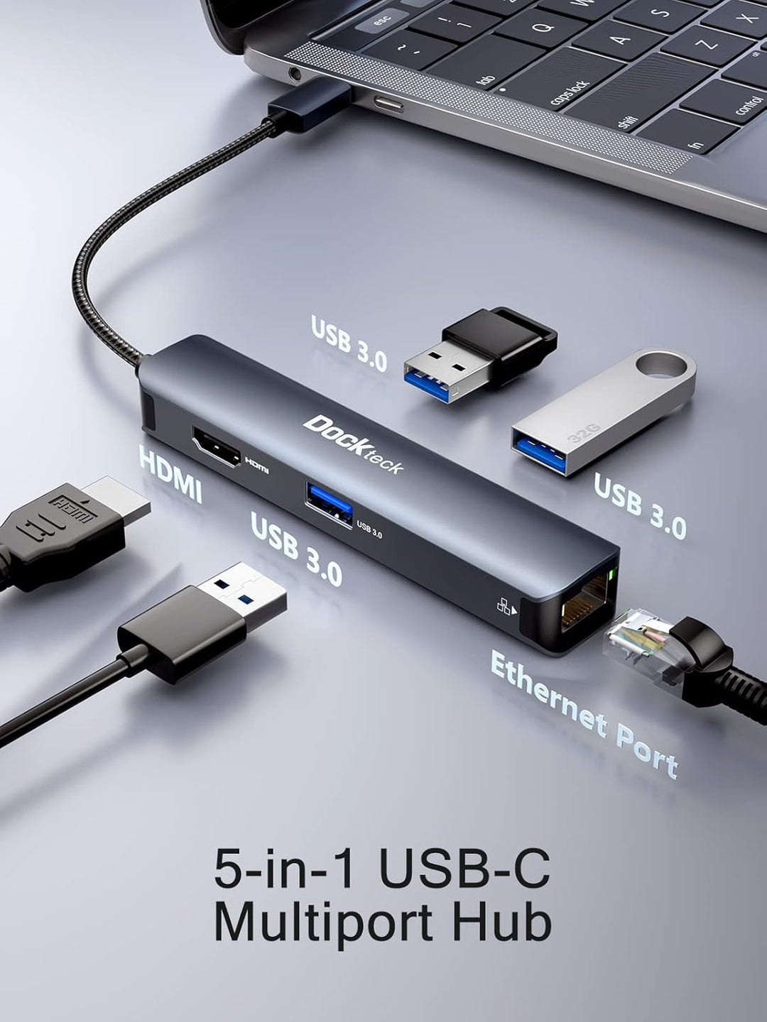 USB C Hub Dockteck 5 in 1 USB C Dock, USB-C Adapter mit Ethernet LAN RJ45, 4K HDMI, 3 USB 3.0 für Ma