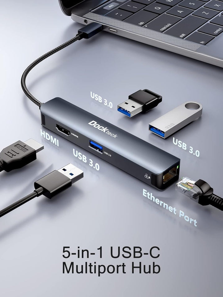 USB C Hub Dockteck 5 in 1 USB C Dock, USB-C Adapter mit Ethernet LAN RJ45, 4K HDMI, 3 USB 3.0 für Ma