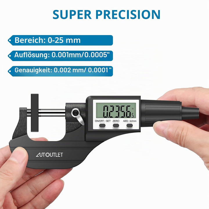 AUTOUTLET Micrometer Digitale Bügelmessschraube 0-25mm/ 0.001mm, Hohe Präzision LCD Digitale Mikrome