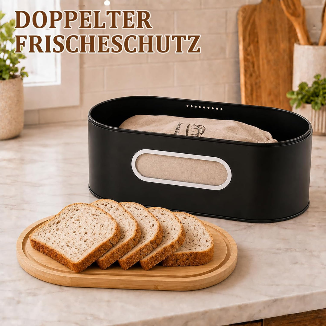 Brotkasten Schwarz, Brotbox aus Verzinktem Eisen mit 2-in-1-Bambusdeckel | Brotaufbewahrungsbox mit