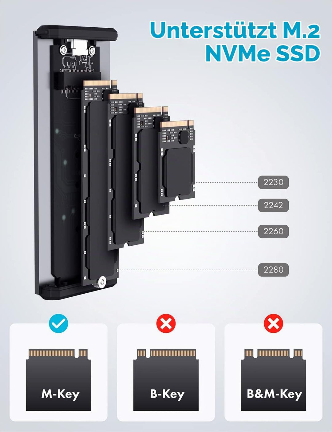GRAUGEAR | Aluminium-Gehäuse f. M.2 NVMe SSD | USB 3.2 (Gen2, 10 Gbit/s) | Zwei Kabel USB-C &amp; USB-A