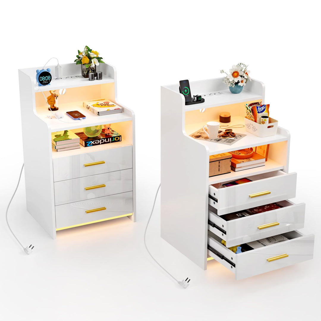 PIPIPOXER Nachttisch Weiss 2er Set, Nachttisch mit Steckdose, Nachtschrank mit Led Licht, Nachtkommo