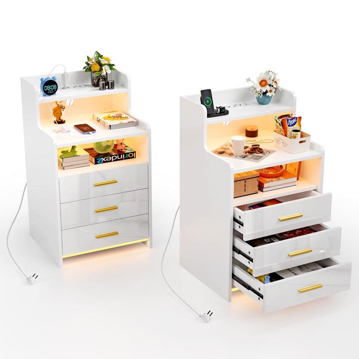 PIPIPOXER Nachttisch Weiss 2er Set, Nachttisch mit Steckdose, Nachtschrank mit Led Licht, Nachtkommo