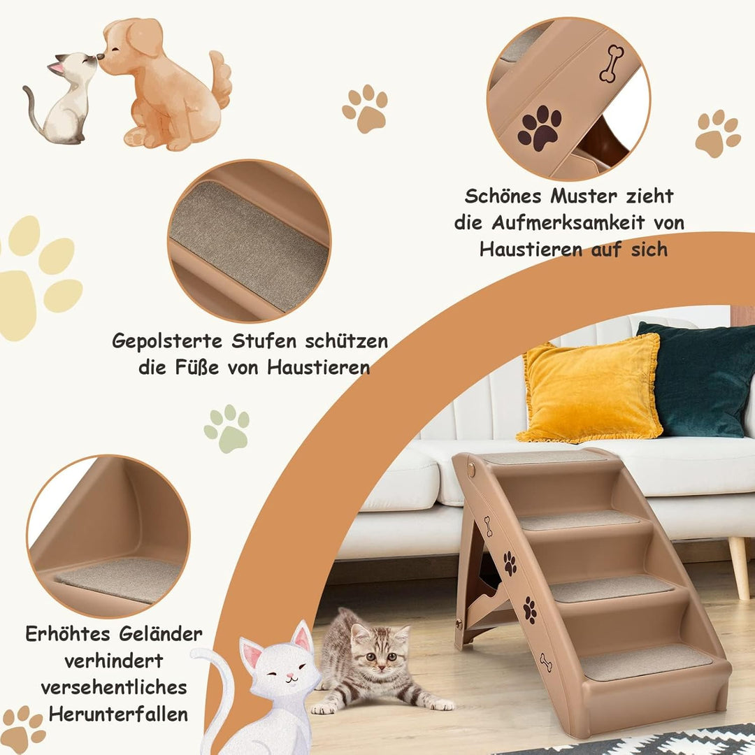 COSTWAY 4-stufige Haustiertreppe mit Teppichboden, Hundetreppe Kunststoff Katzentreppe faltbar, Hund