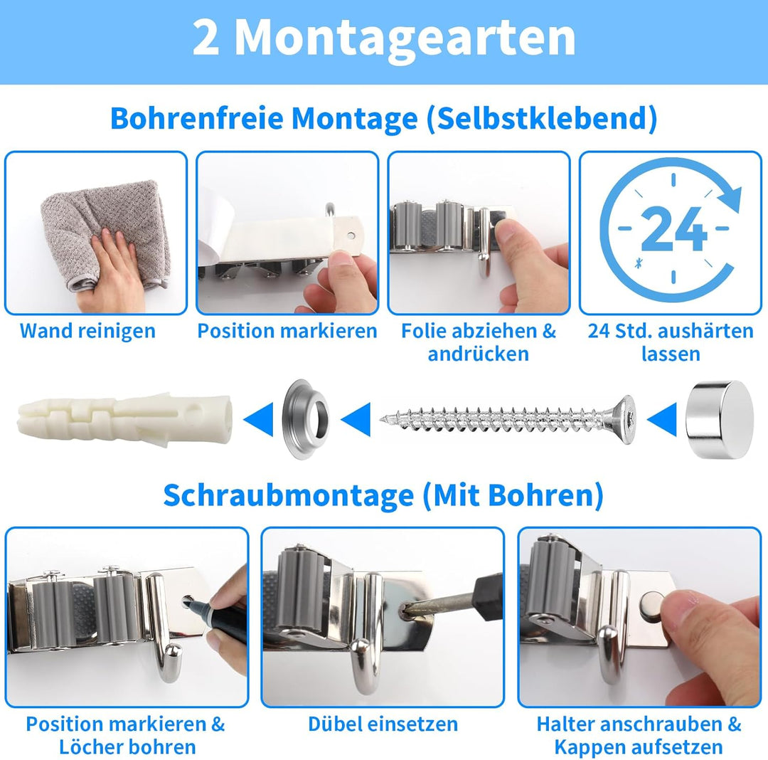 Besenhalterung Wand, 7 Halter + 2 Haken Gartengeräte Halterung, Wandhalterung Besen, 304 Edelstahl G