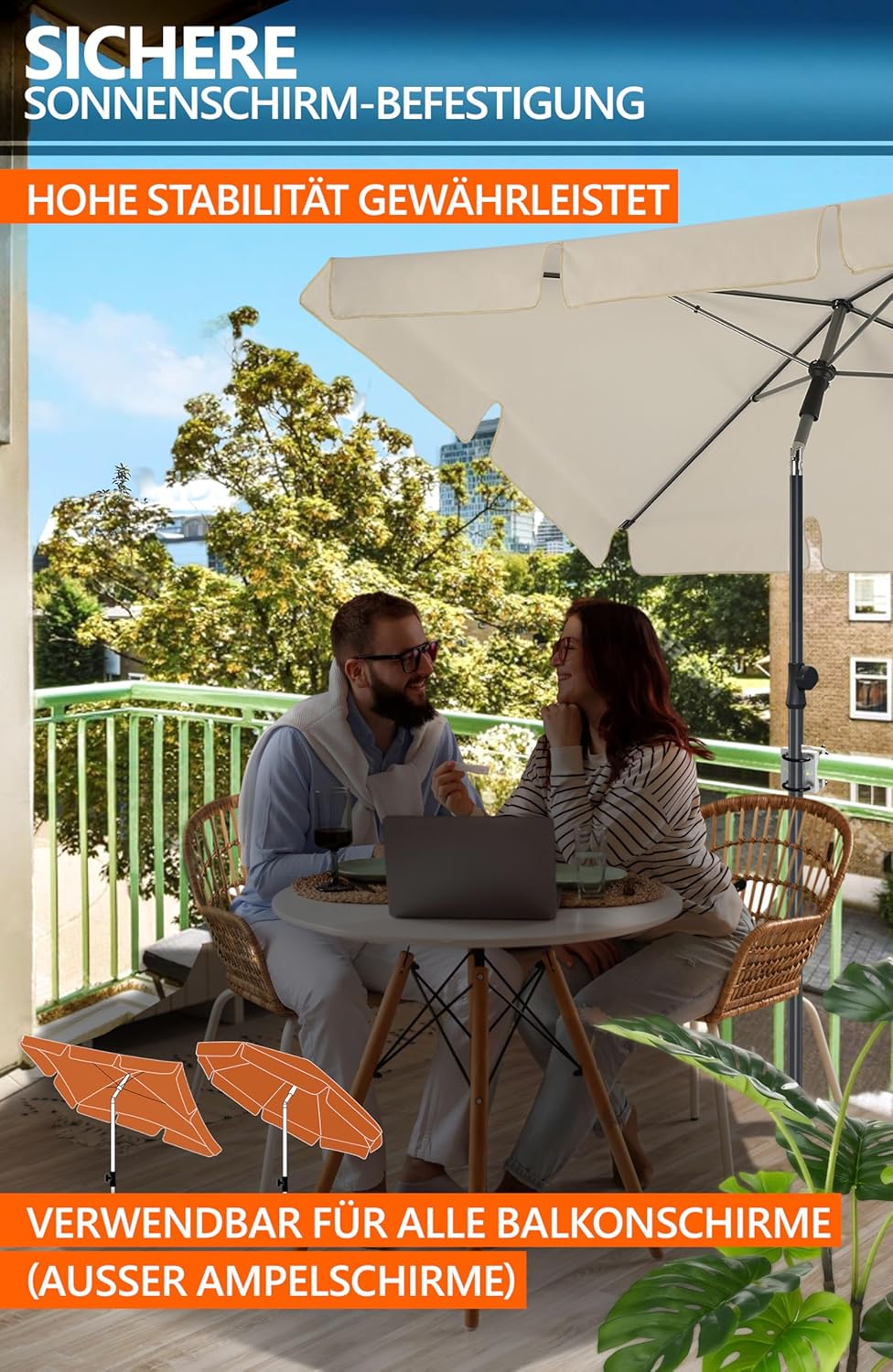 4smile Sonnenschirm Balkon SunnyShade - Sonnenschutz Balkon 3-in-1 SET, Sonnenschirm rechteckig 200