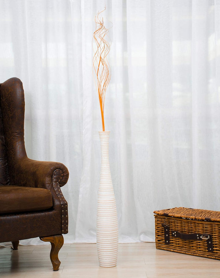 Leewadee Grosse Bodenvase für Dekozweige hohe Standvase Design Holzvase, Holz, 70 cm, White Wash 70
