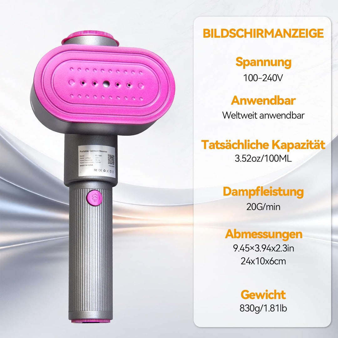 Dampfglätter, 2-in-1 Tragbarer Steamer mit 100ml Wassertank & 1200 W, 15s Schnellaufheizung, LED Dis