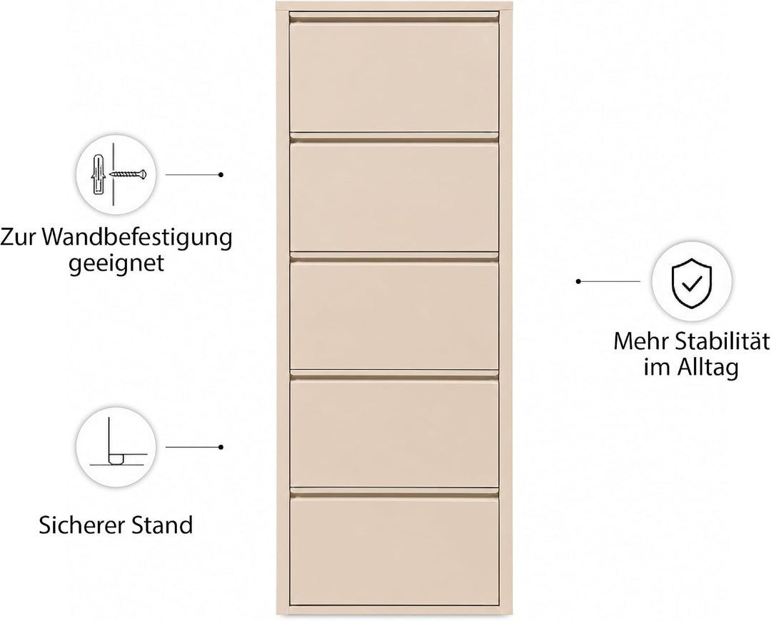 Schuhschrank Schmal, 5 Regale, Metall Schuhkipper mit Magnet-Klappen, Freistehend oder Wandmontage,