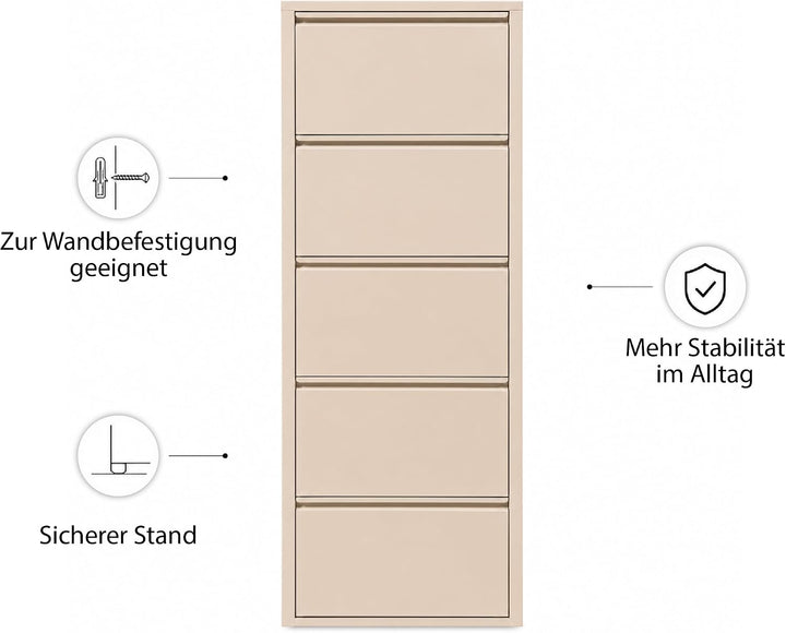 Schuhschrank Schmal, 5 Regale, Metall Schuhkipper mit Magnet-Klappen, Freistehend oder Wandmontage,
