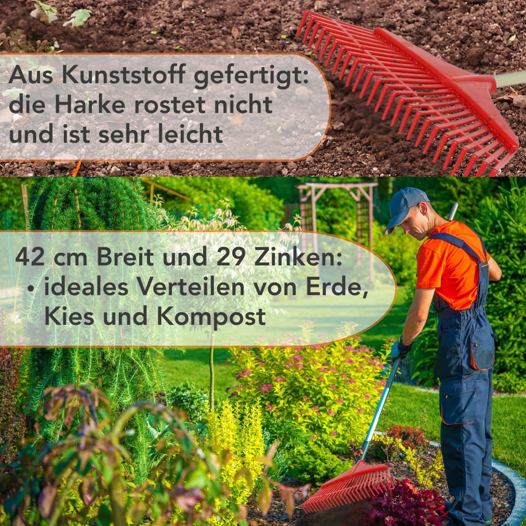 2 STK. Rechen 42 cm – Kunststoff Laubrechen 29 Zinken Gartenrechen für Stiel Ø 27mm, für Erde Kompos
