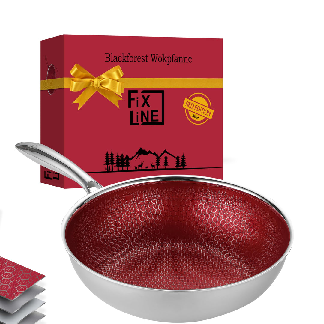FIXLINE® Black Forest Wokpfanne 28cm - RED Edition - kratzfeste Beschichtung - alle Herdarten inkl.