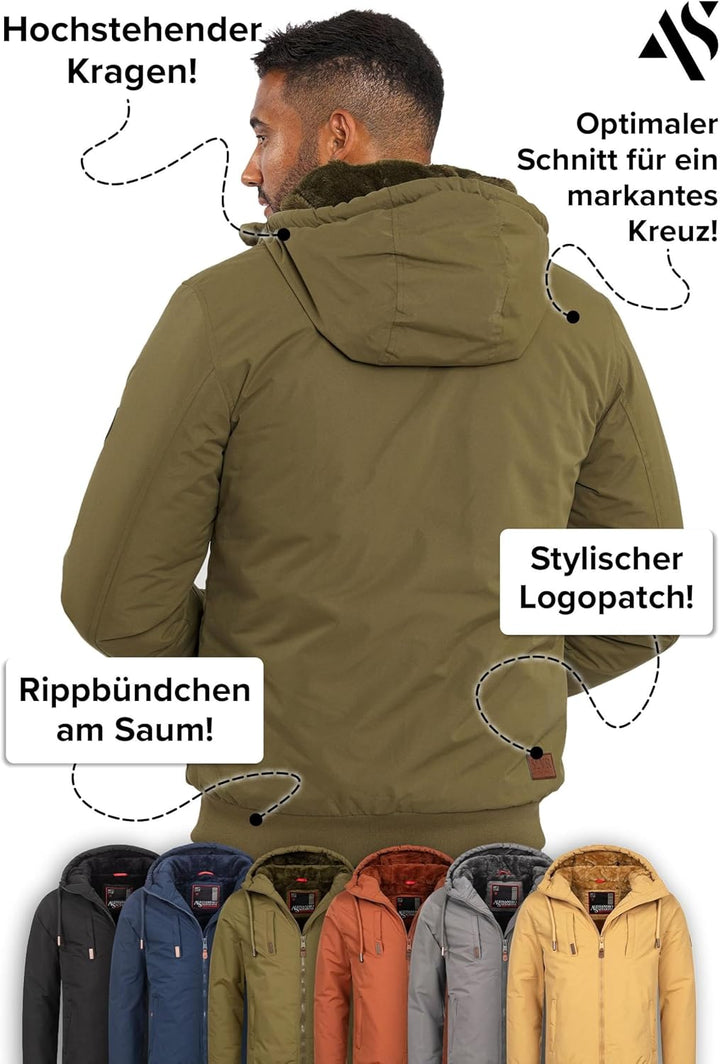 ALESSANDRO SALVARINI Herren Winterjacke (S-3XL) mit Kapuze - Teddyfleece innen komplett, Winddicht,