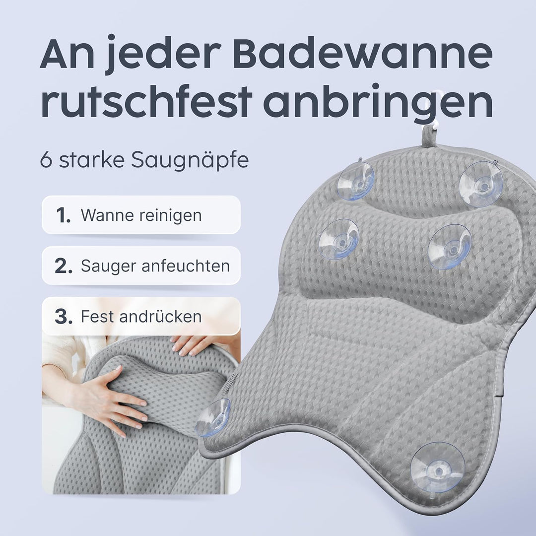 Vesta+ Badewannenkissen Grau L mit Saugnäpfen, Badekissen Testsieger als Badewannenkissen Nacken &amp; N
