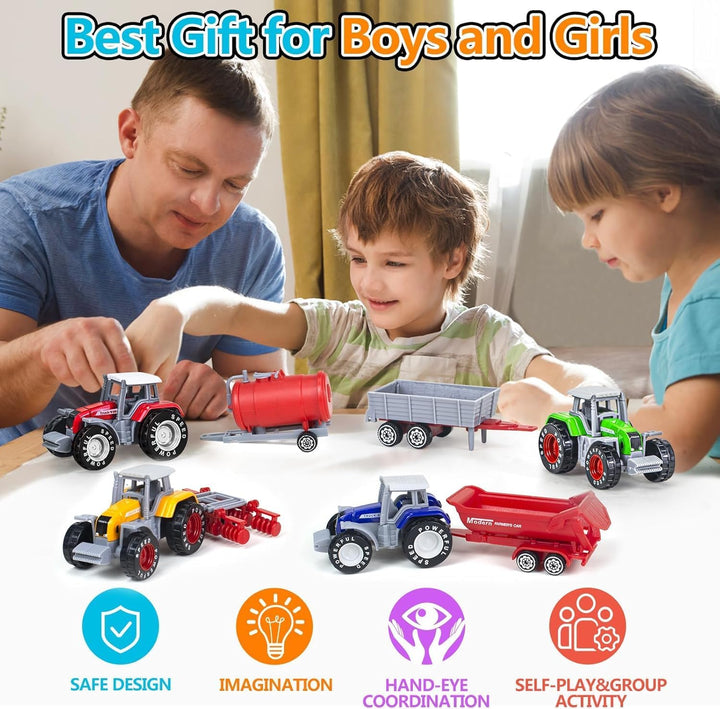 4 Pack Bauernhof Traktor Spielzeug mit Anhänger, Metall-Legierung Kinder Traktor Spielzeug für Junge