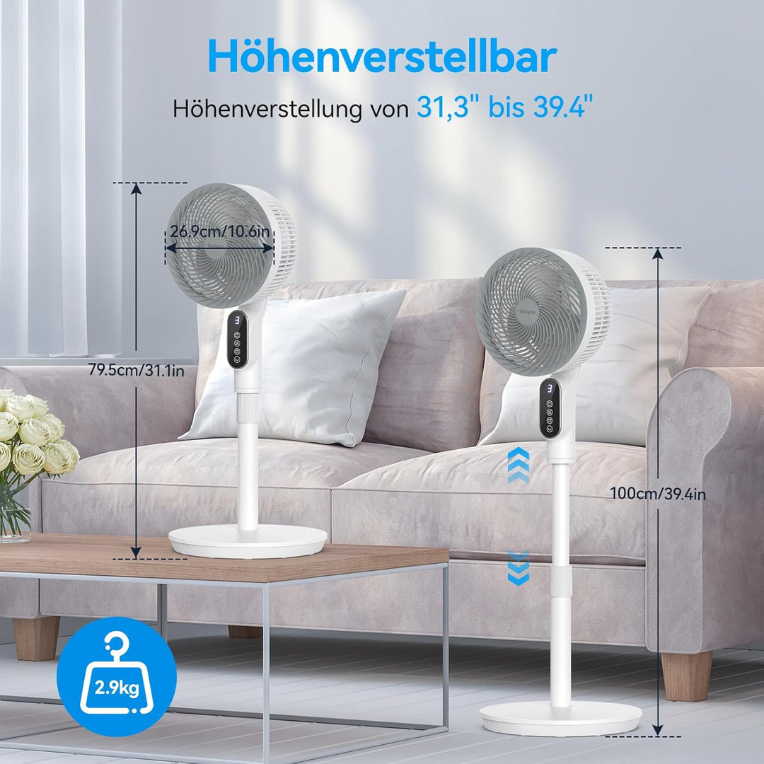 Smart Standventilator 100cm, Ventilator Leise 22dB, Turbo-Luftzirkulator mit 6 Modi, Windabstand 10