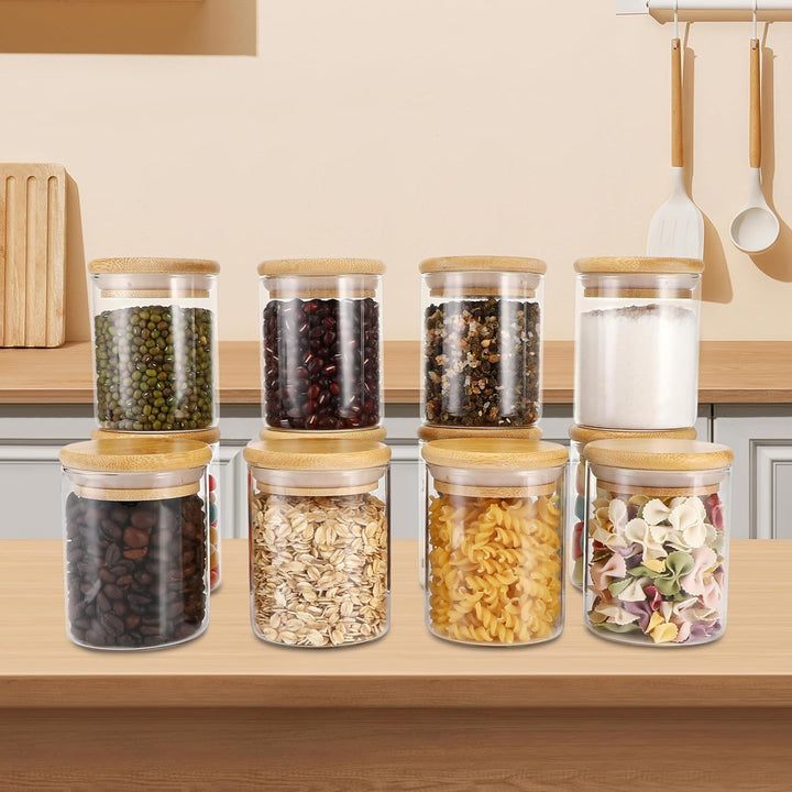 Auauraintt runde Gewürzgläser,12 x 210 ml Set - Küche Glas-Gewürzdosen mit Hochwertigem Holzdeckel a