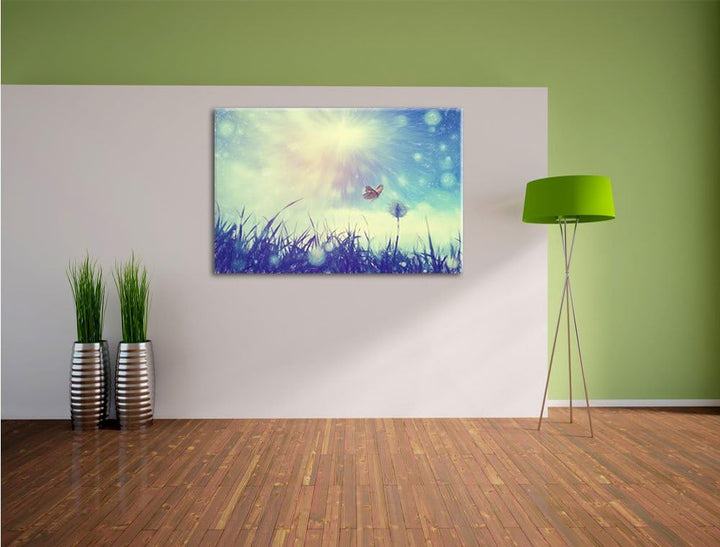 Pixxprint zarter Schmetterling fliegt zu Pusteblume Kunst Buntstift Effekt, Format: 100x70 auf Leinw