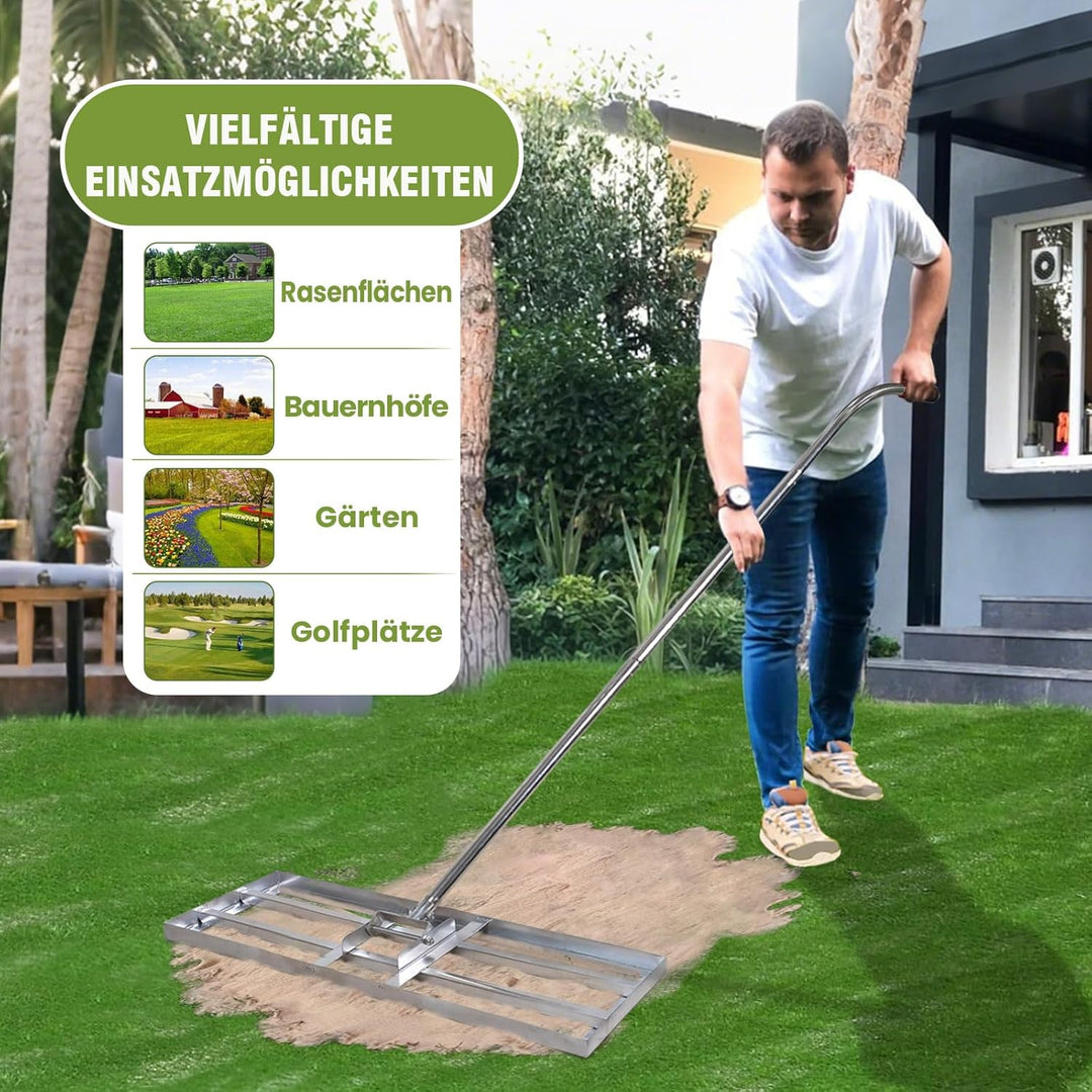 Rasen Rakel Edelstahl 72x25 cm Rakel Rasen nivellierrechen mit 2.15 Meter Verstellbarer Stiel für Ho