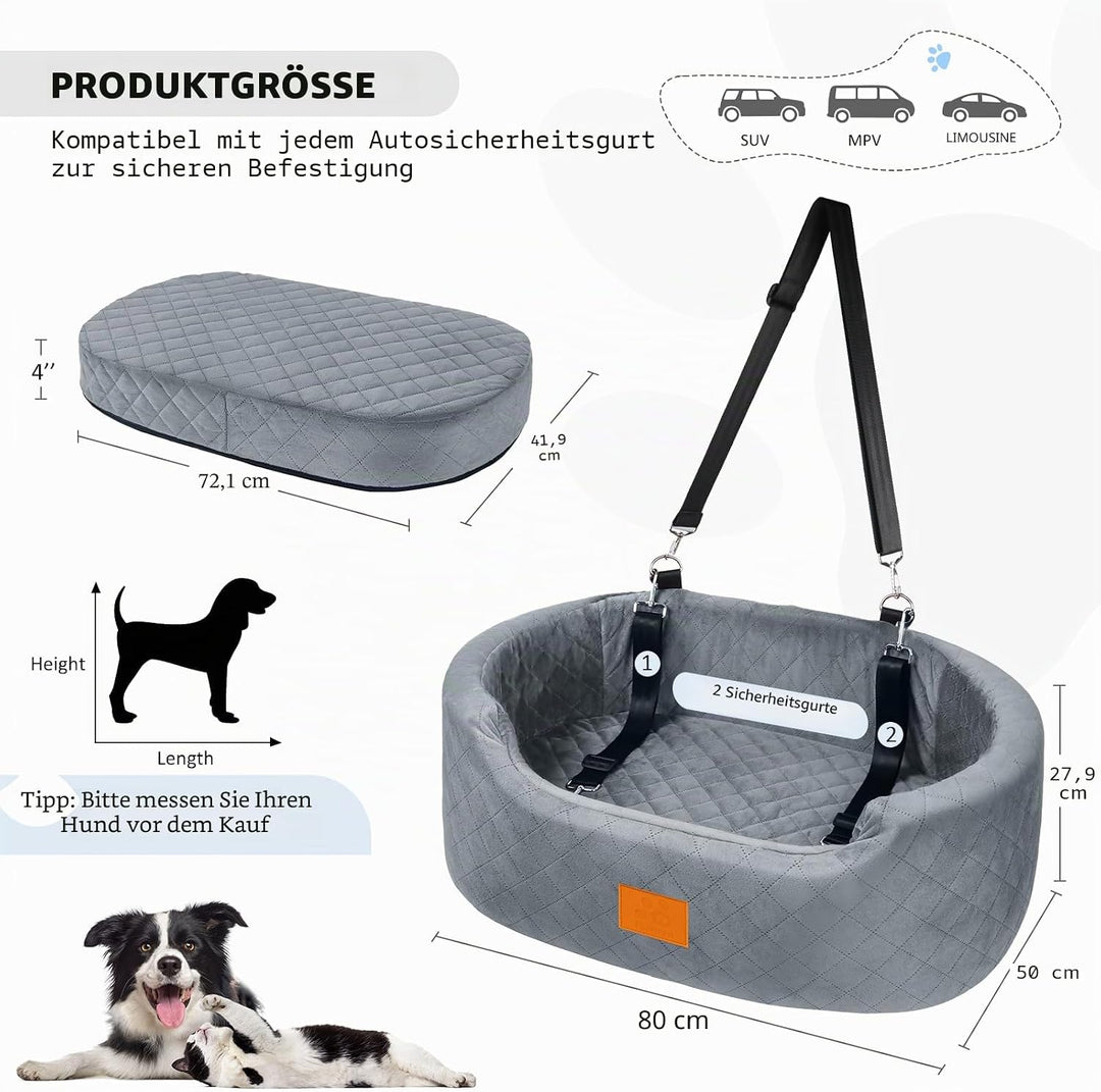 Hunde Autositz gross für grosse, mittelgrosse Hunde oder 2 kleine, mit 2 Sicherheitsgurten, Rückbank