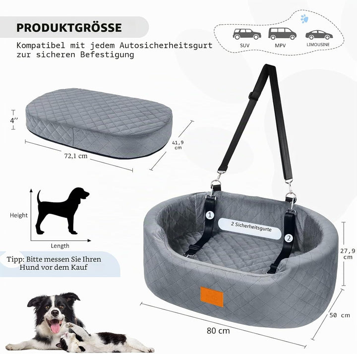 Hunde Autositz gross für grosse, mittelgrosse Hunde oder 2 kleine, mit 2 Sicherheitsgurten, Rückbank
