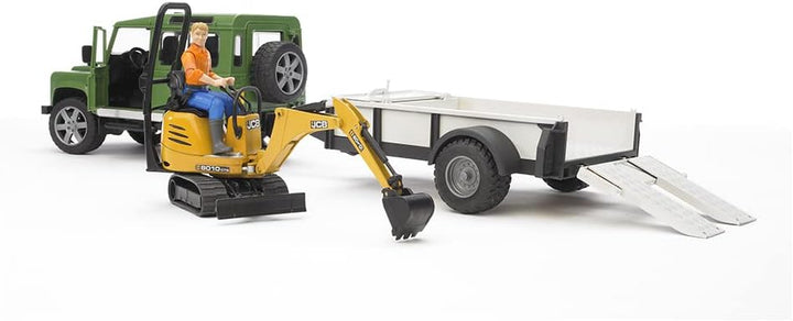 Bruder 2593 Land Rover Defender with One Axle Trailer, JCB Micro Excavator and Worker
