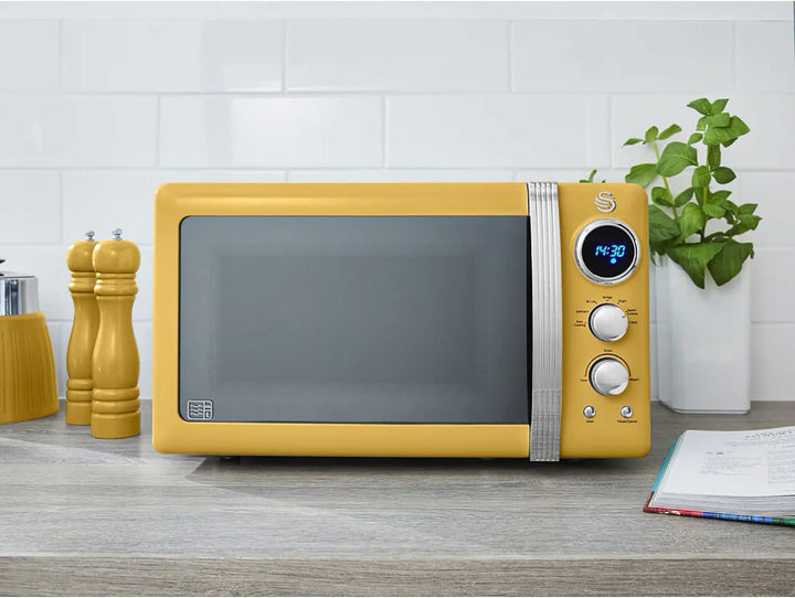 Swan Retro SM22030YELNEU Digital Mikrowelle 20L, 5 Leistungsstufen, Auftaufunktion, 60 Minuten Timer