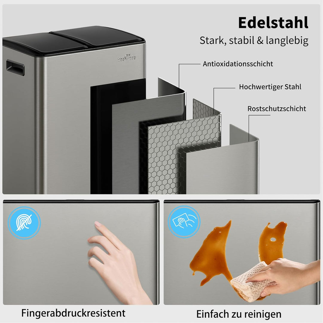 mVm Mülleimer Küche,60 Liter Treteimer,2 x 30 Liter Treteimer, 2 Fächer, Mülltrennsystem, Abfalleime