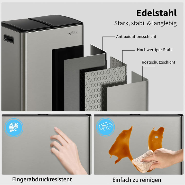 mVm Mülleimer Küche,60 Liter Treteimer,2 x 30 Liter Treteimer, 2 Fächer, Mülltrennsystem, Abfalleime