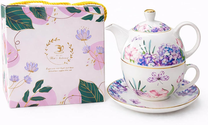 Porcelain Tea for One Set Beautiful Flower Ceramic Teapot with Cup Gifted Box (Hydrangea), Hydrangea