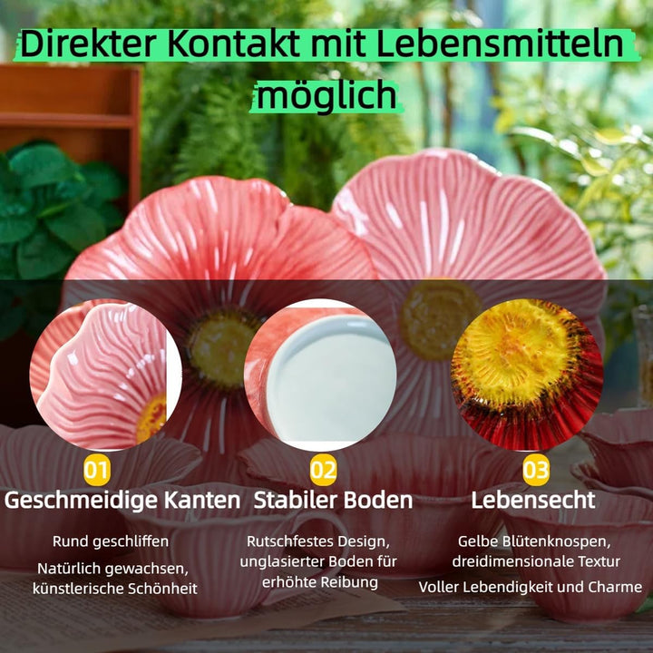 Blumen Geschirrset 3-tlg Klatschmohn Design - Spülmaschinenfeste Keramikschalen (15/22/26cm) - Ofen-