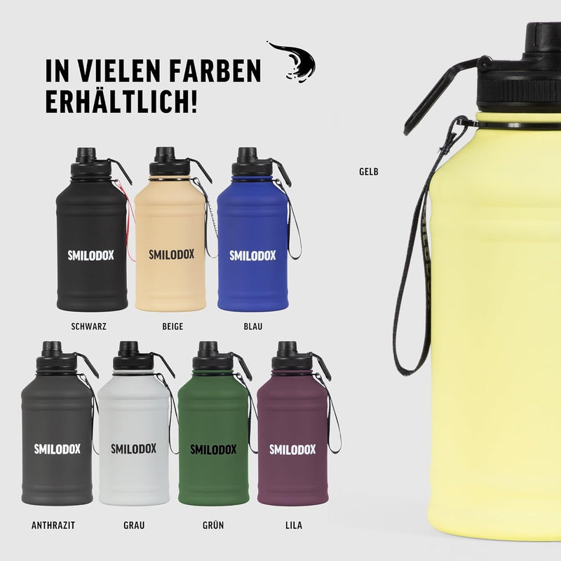 SMILODOX Edelstahl Trinkflasche 2,2 Liter - Extra Stark Sport & Fitness Wasserflasche mit Druckversc