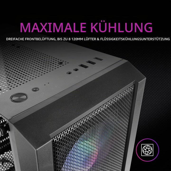 Mars Gaming MC100, ATX Gaming Gehäuse, 9 cm FRGB Lüfter, Convect-Cool Belüftung, Schwarz MCC Schwarz