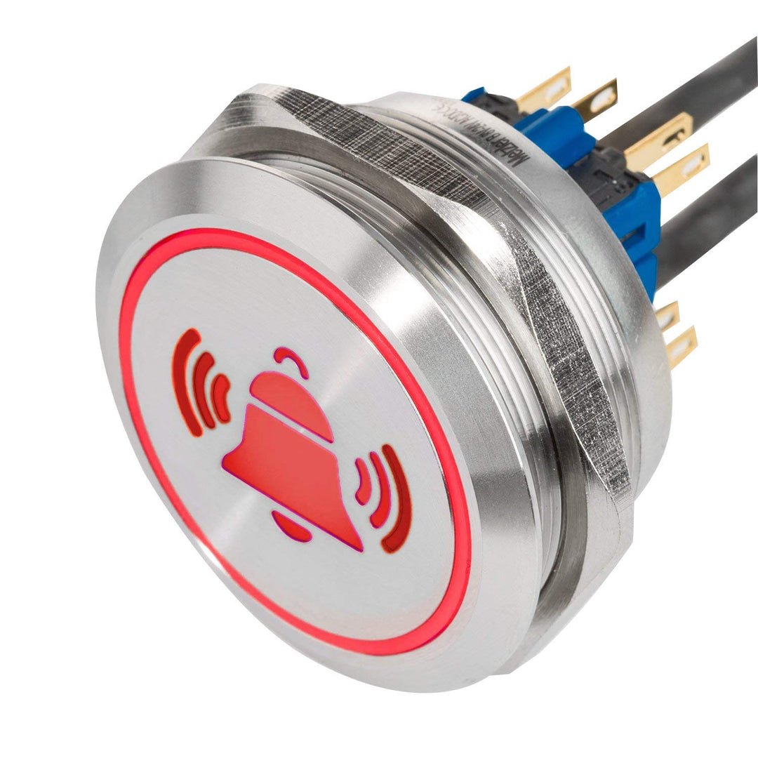 XL LED-Drucktaster mit Klingel Symbol aus V2A Edelstahl Einbaudurchmesser Ø 40 mm mit farbig beleuch