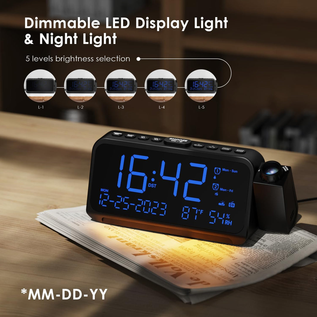 ROCAM Radiowecker mit Projektion, Projektionswecker für Schlafzimmer, Digital Uhr, Dimmer, Typ-C USB