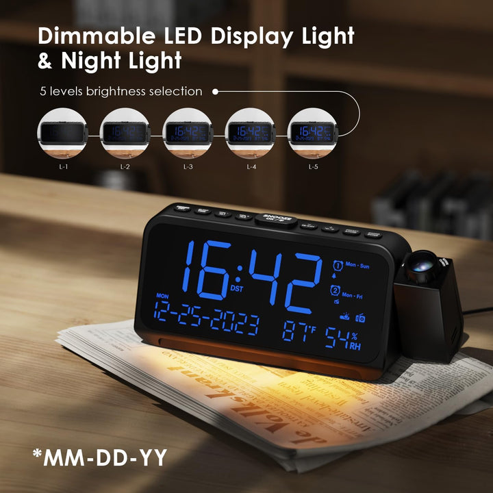 ROCAM Radiowecker mit Projektion, Projektionswecker für Schlafzimmer, Digital Uhr, Dimmer, Typ-C USB