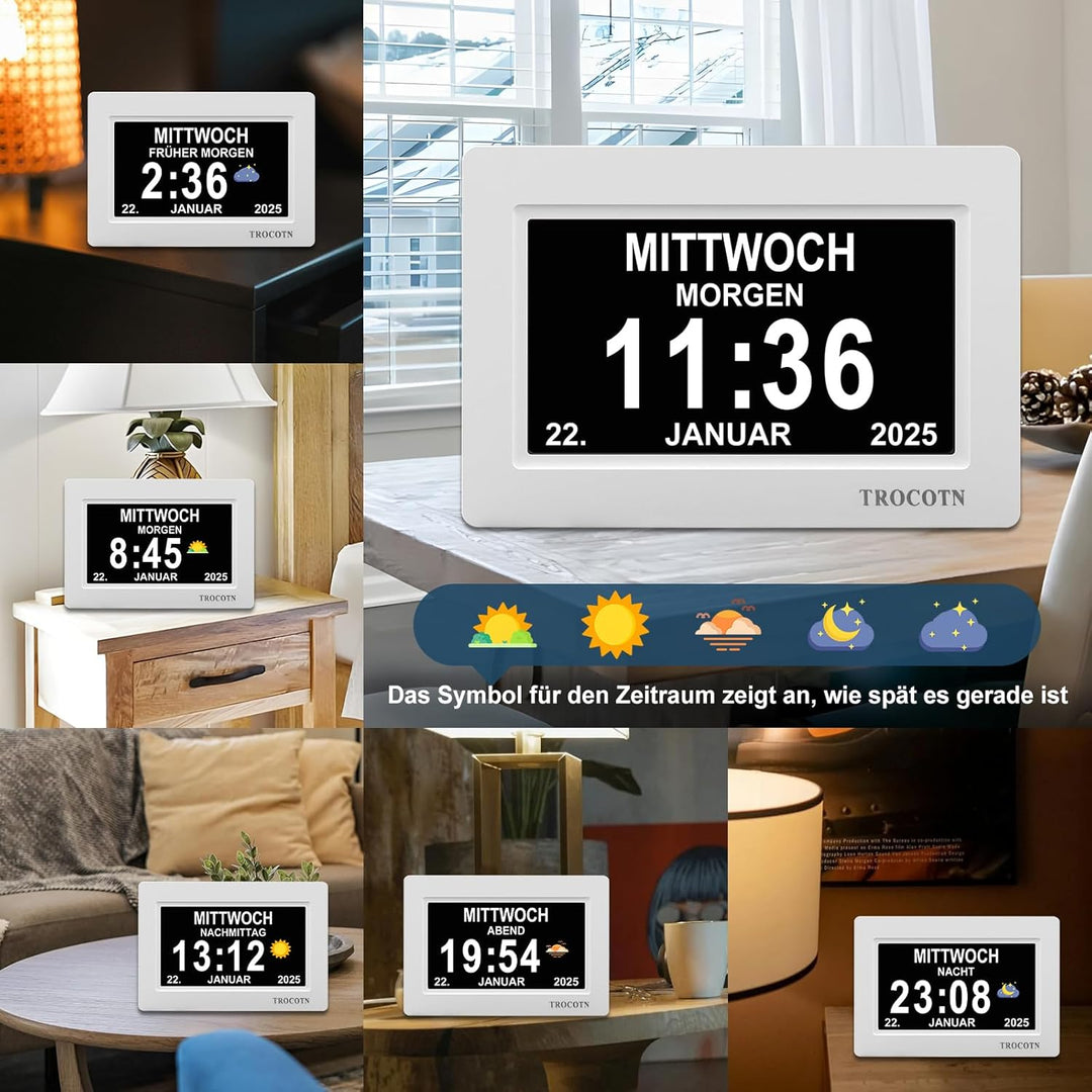 TROCOTN 7 Zoll Digitaluhr Tagesuhr Grosses Display Wecker Wanduhr (weiss) 7 Zoll Weiss, 7 Zoll Weiss