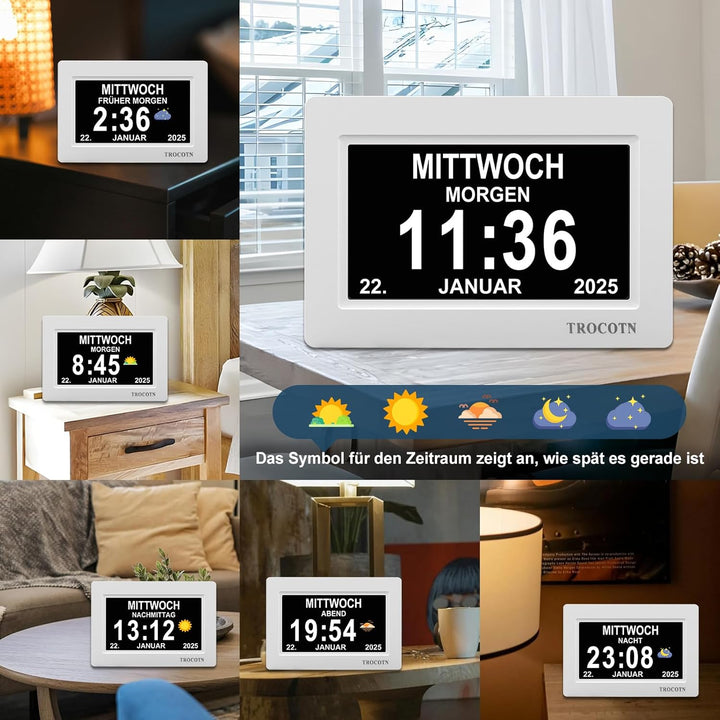 TROCOTN 7 Zoll Digitaluhr Tagesuhr Grosses Display Wecker Wanduhr (weiss) 7 Zoll Weiss, 7 Zoll Weiss