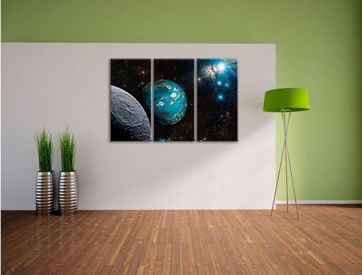 Pixxprint Planet Erde im Kosmos als Leinwandbild | Grösse: 3 Teilig (120x80) | Wandbild| Kunstdruck