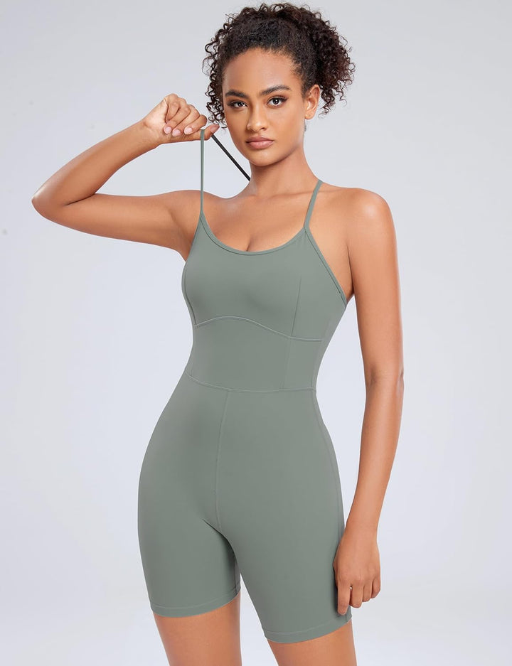 AGONVIN Damen Workout Spaghetti-Träger Rompers Shorts Bauchkontrolle Einteiler Jumpsuit XS Matcha-Gr