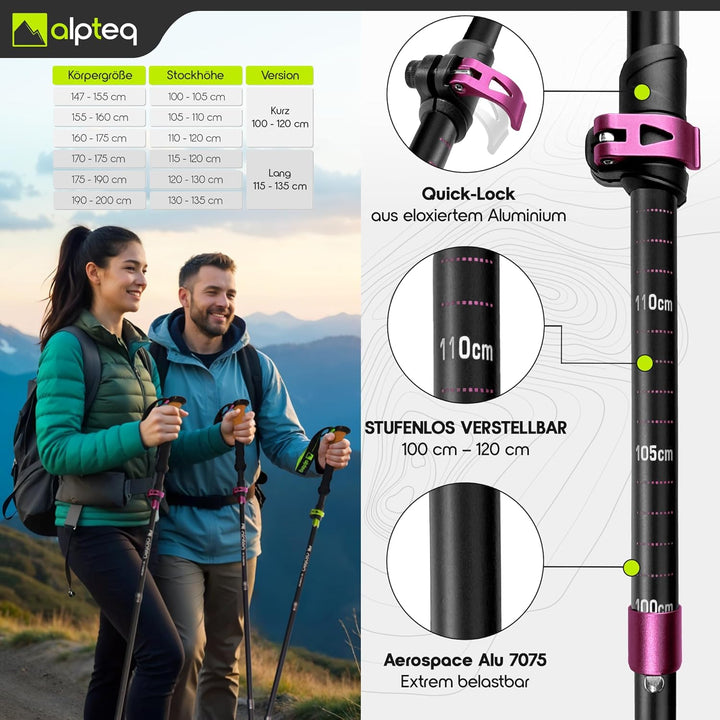 Alpteq® Wanderstöcke faltbar Carbon oder Aluminium mit Korkgriff | Bergsport Trekkingstöcke | Nordic