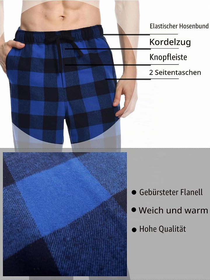 Nutria Herren Pyjamahose aus Flanell, 100% Baumwolle Kariert Weiche Schlafanzughose Warm Loungehose