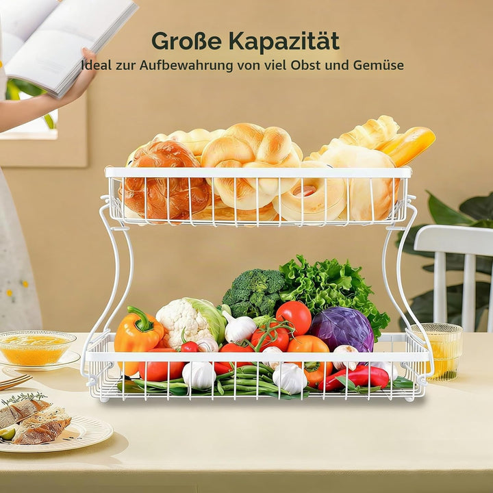 VINATO Obstkorb, Obst Etagere 2 Stöckig mit Holzgriffen für Küche, Bad &amp; Mehr – Obstständer, Gemüse
